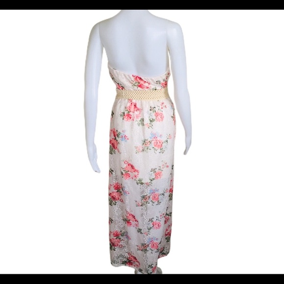 ARDENE Strapless Bandeau Fit Floral Maxi Dress With Belt Ivory/Pink Size Small - Picture 4 of 13